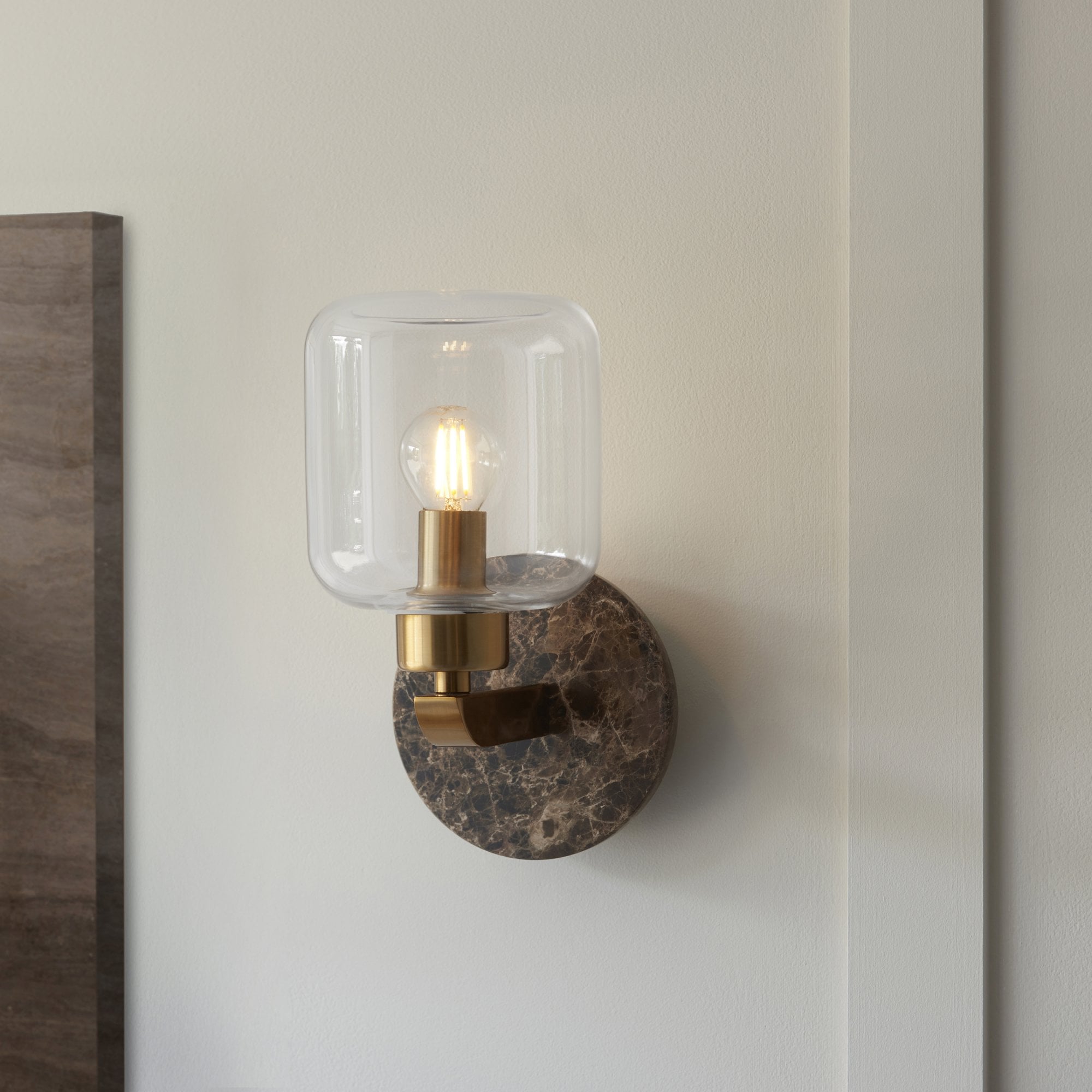 120663 Travi Wall Light Dark Brown Emperador Marble, Vintage Brass & Clear Glass