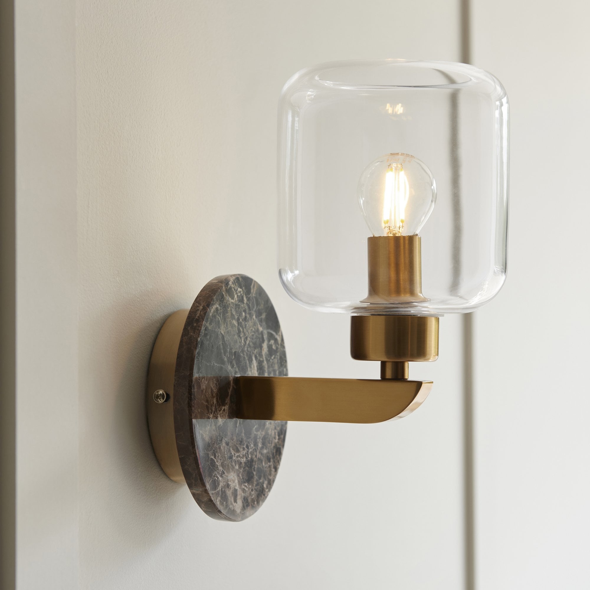 120663 Travi Wall Light Dark Brown Emperador Marble, Vintage Brass & Clear Glass