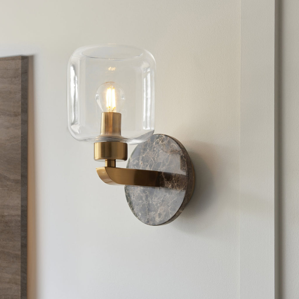 120663 Travi Wall Light Dark Brown Emperador Marble, Vintage Brass & Clear Glass