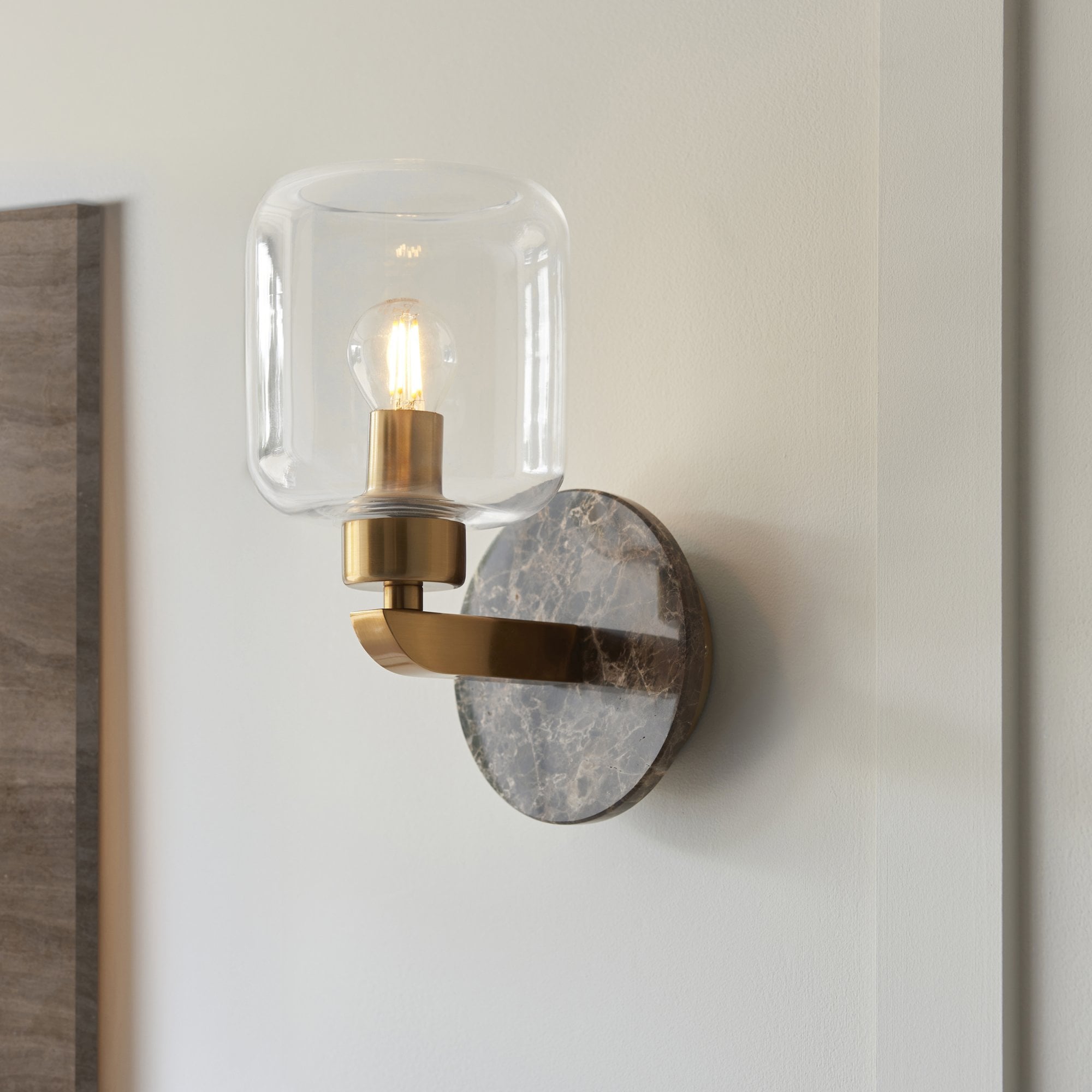 120663 Travi Wall Light Dark Brown Emperador Marble, Vintage Brass & Clear Glass