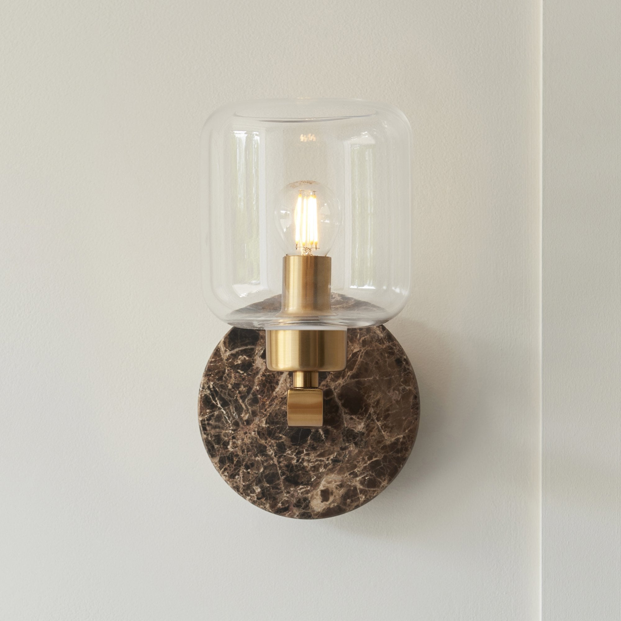 120663 Travi Wall Light Dark Brown Emperador Marble, Vintage Brass & Clear Glass