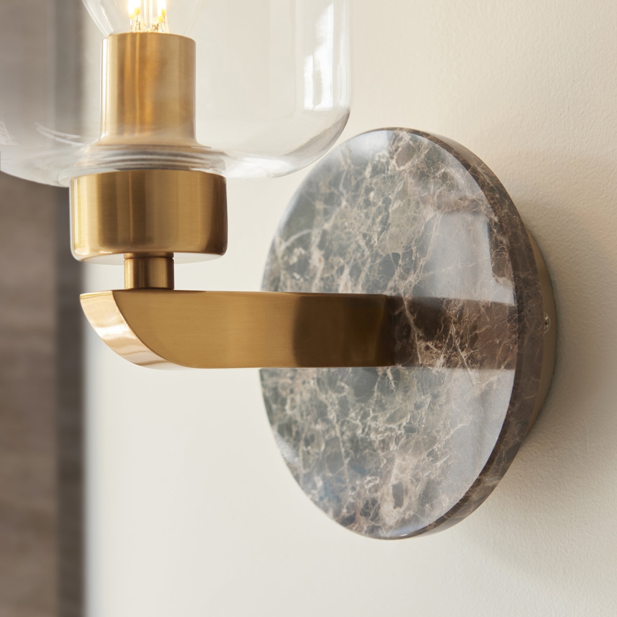 120663 Travi Wall Light Dark Brown Emperador Marble, Vintage Brass & Clear Glass