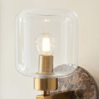 120663 Travi Wall Light Dark Brown Emperador Marble, Vintage Brass & Clear Glass