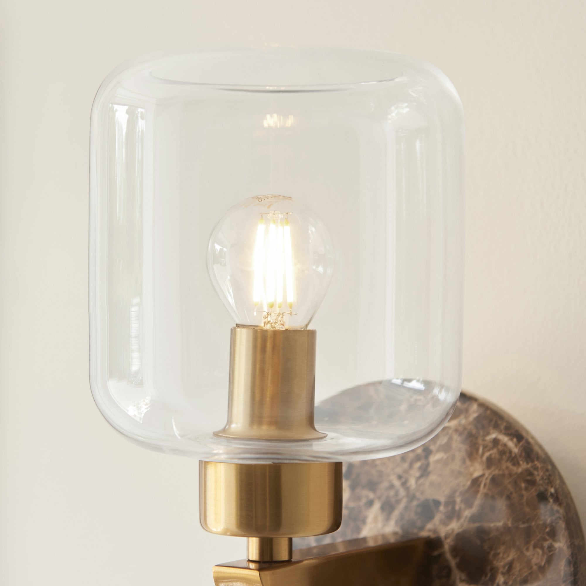 120663 Travi Wall Light Dark Brown Emperador Marble, Vintage Brass & Clear Glass