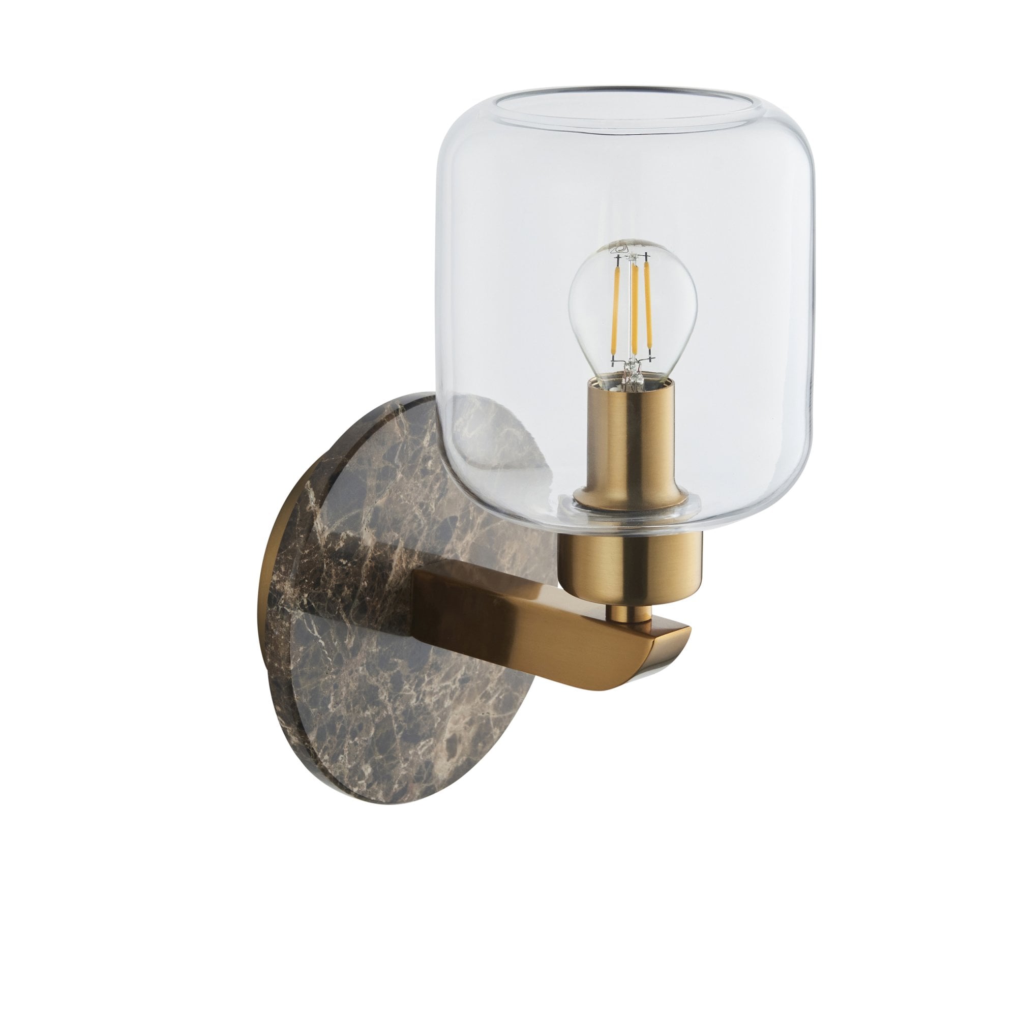 120663 Travi Wall Light Dark Brown Emperador Marble, Vintage Brass & Clear Glass