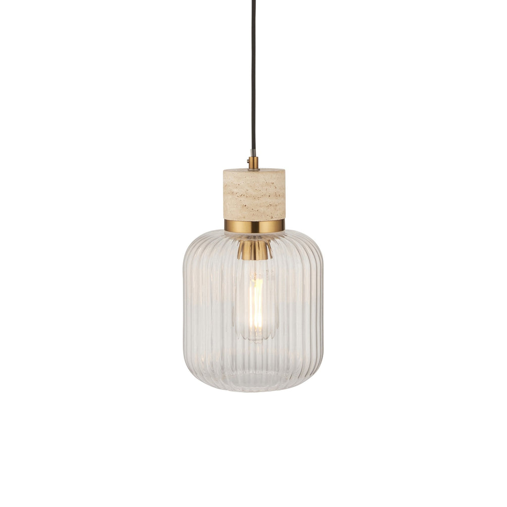 120664 Travi Ribbed Pendant Natural Travertine, Vintage Brass & Clear Ribbed Glass