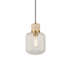 120664 Travi Ribbed Pendant Natural Travertine, Vintage Brass & Clear Ribbed Glass