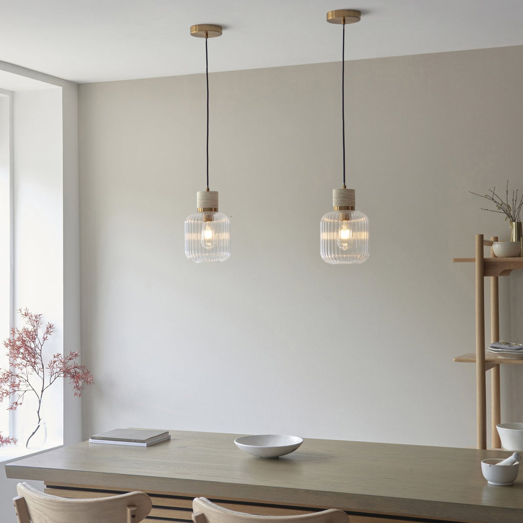 120664 Travi Ribbed Pendant Natural Travertine, Vintage Brass & Clear Ribbed Glass