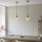 120664 Travi Ribbed Pendant Natural Travertine, Vintage Brass & Clear Ribbed Glass