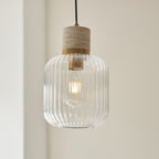 120664 Travi Ribbed Pendant Natural Travertine, Vintage Brass & Clear Ribbed Glass