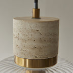 120664 Travi Ribbed Pendant Natural Travertine, Vintage Brass & Clear Ribbed Glass