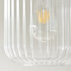 120664 Travi Ribbed Pendant Natural Travertine, Vintage Brass & Clear Ribbed Glass