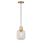 120664 Travi Ribbed Pendant Natural Travertine, Vintage Brass & Clear Ribbed Glass