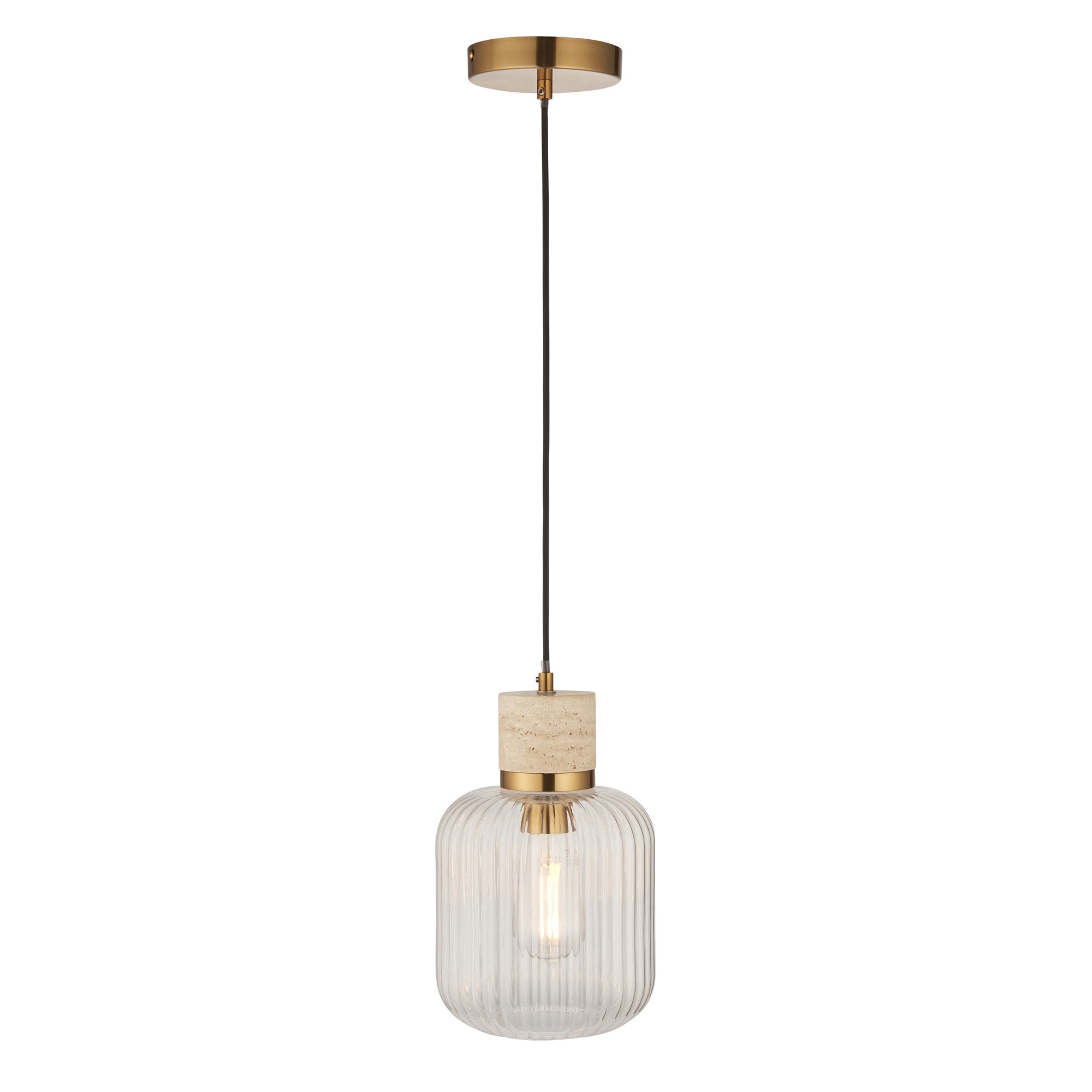 120664 Travi Ribbed Pendant Natural Travertine, Vintage Brass & Clear Ribbed Glass