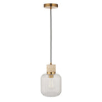 120664 Travi Ribbed Pendant Natural Travertine, Vintage Brass & Clear Ribbed Glass