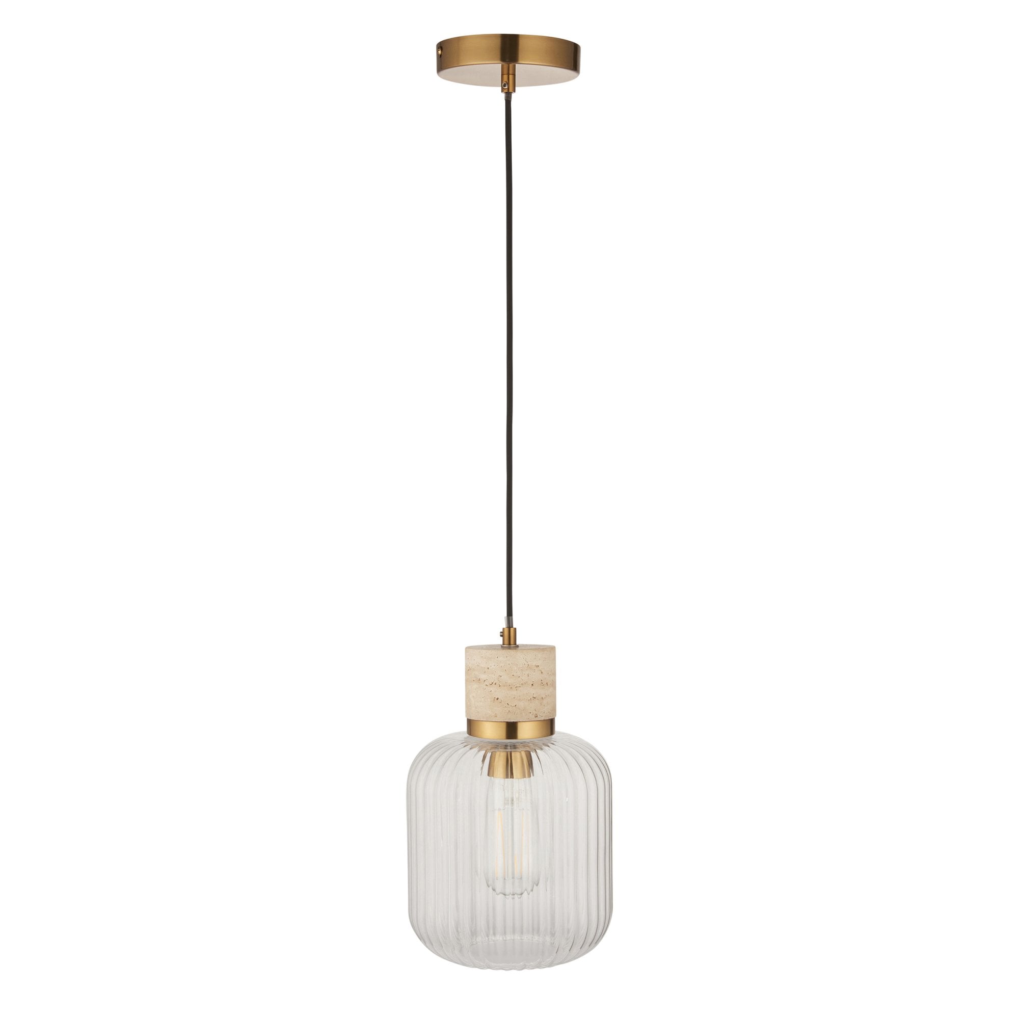 120664 Travi Ribbed Pendant Natural Travertine, Vintage Brass & Clear Ribbed Glass