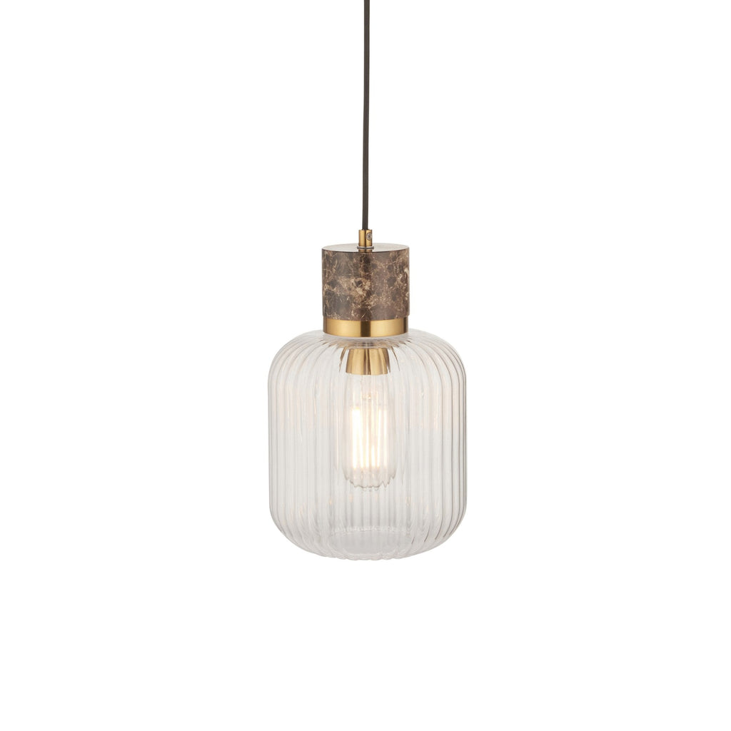 120665 Travi Ribbed Pendant Dark Brown Emperador Marble, Vintage Brass & Clear Ribbed Glass