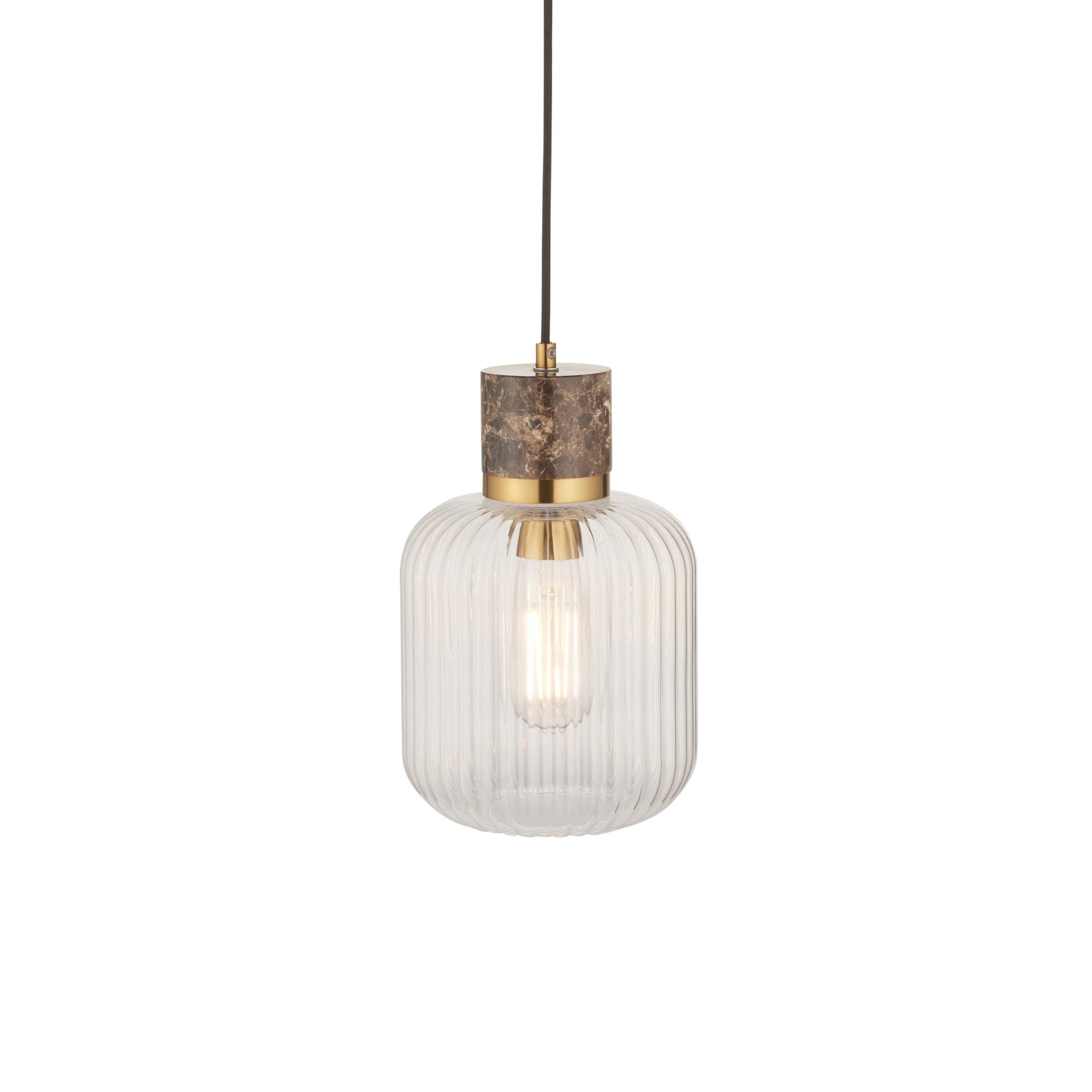 120665 Travi Ribbed Pendant Dark Brown Emperador Marble, Vintage Brass & Clear Ribbed Glass