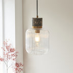 120665 Travi Ribbed Pendant Dark Brown Emperador Marble, Vintage Brass & Clear Ribbed Glass
