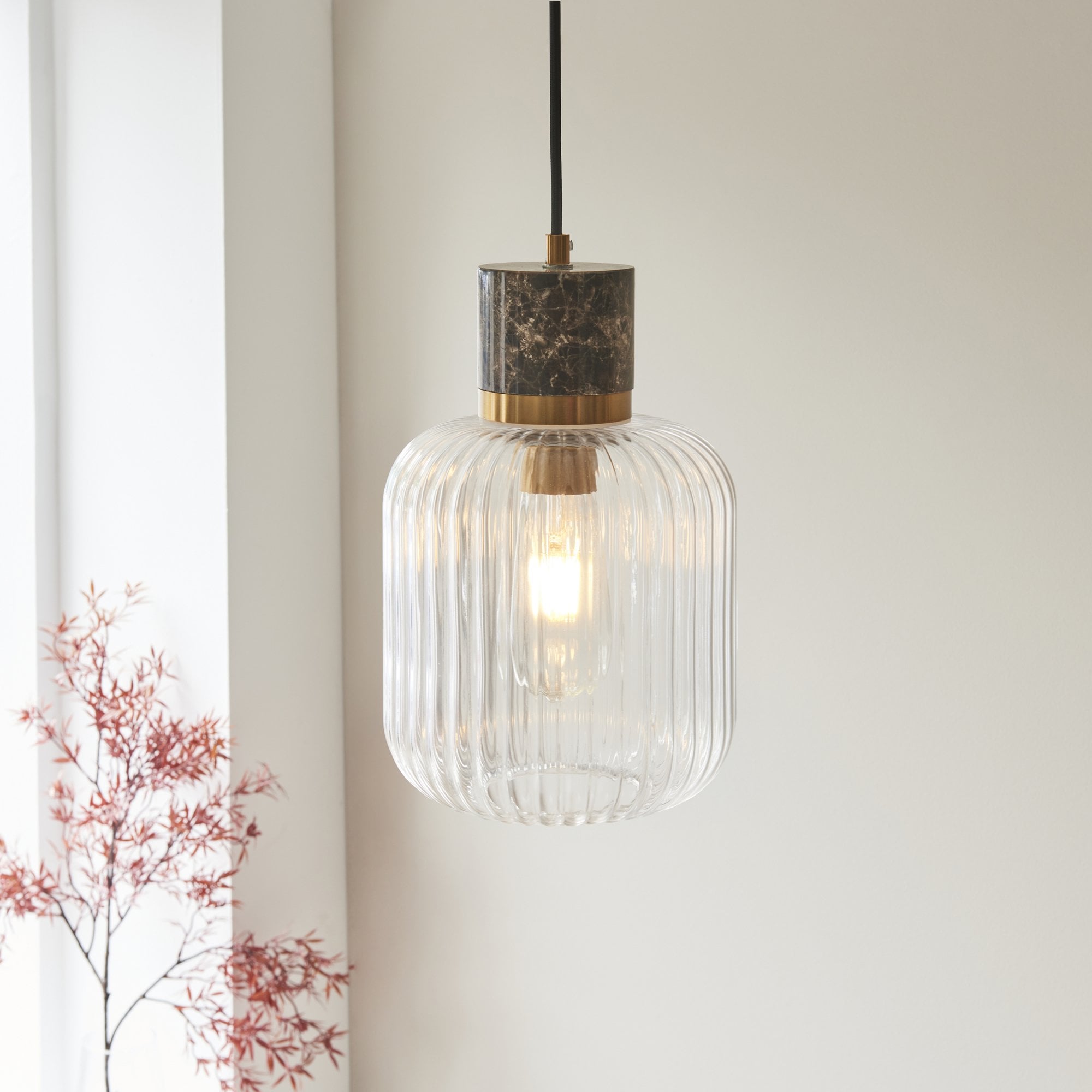 120665 Travi Ribbed Pendant Dark Brown Emperador Marble, Vintage Brass & Clear Ribbed Glass