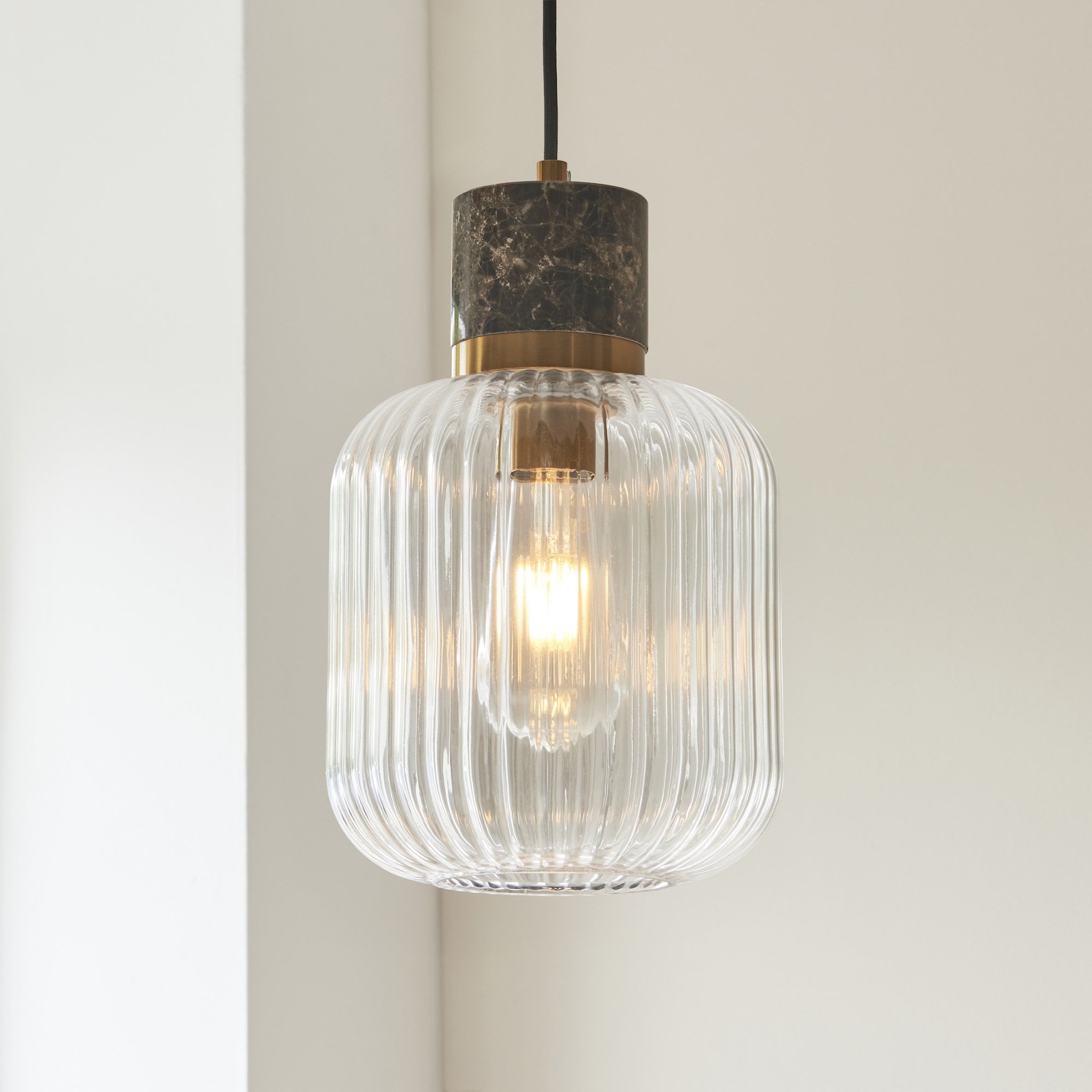 120665 Travi Ribbed Pendant Dark Brown Emperador Marble, Vintage Brass & Clear Ribbed Glass