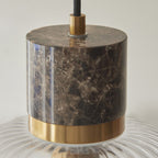 120665 Travi Ribbed Pendant Dark Brown Emperador Marble, Vintage Brass & Clear Ribbed Glass