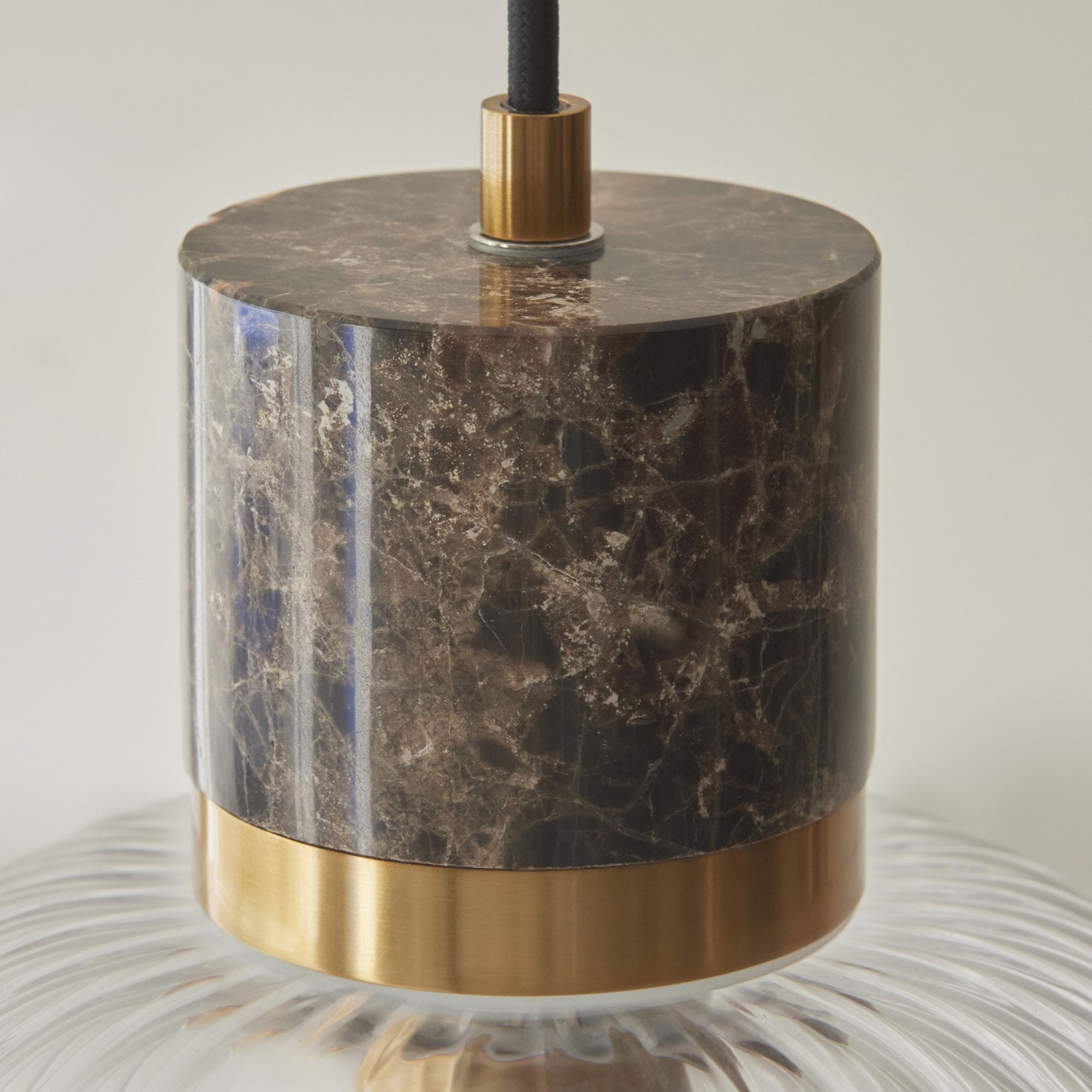 120665 Travi Ribbed Pendant Dark Brown Emperador Marble, Vintage Brass & Clear Ribbed Glass