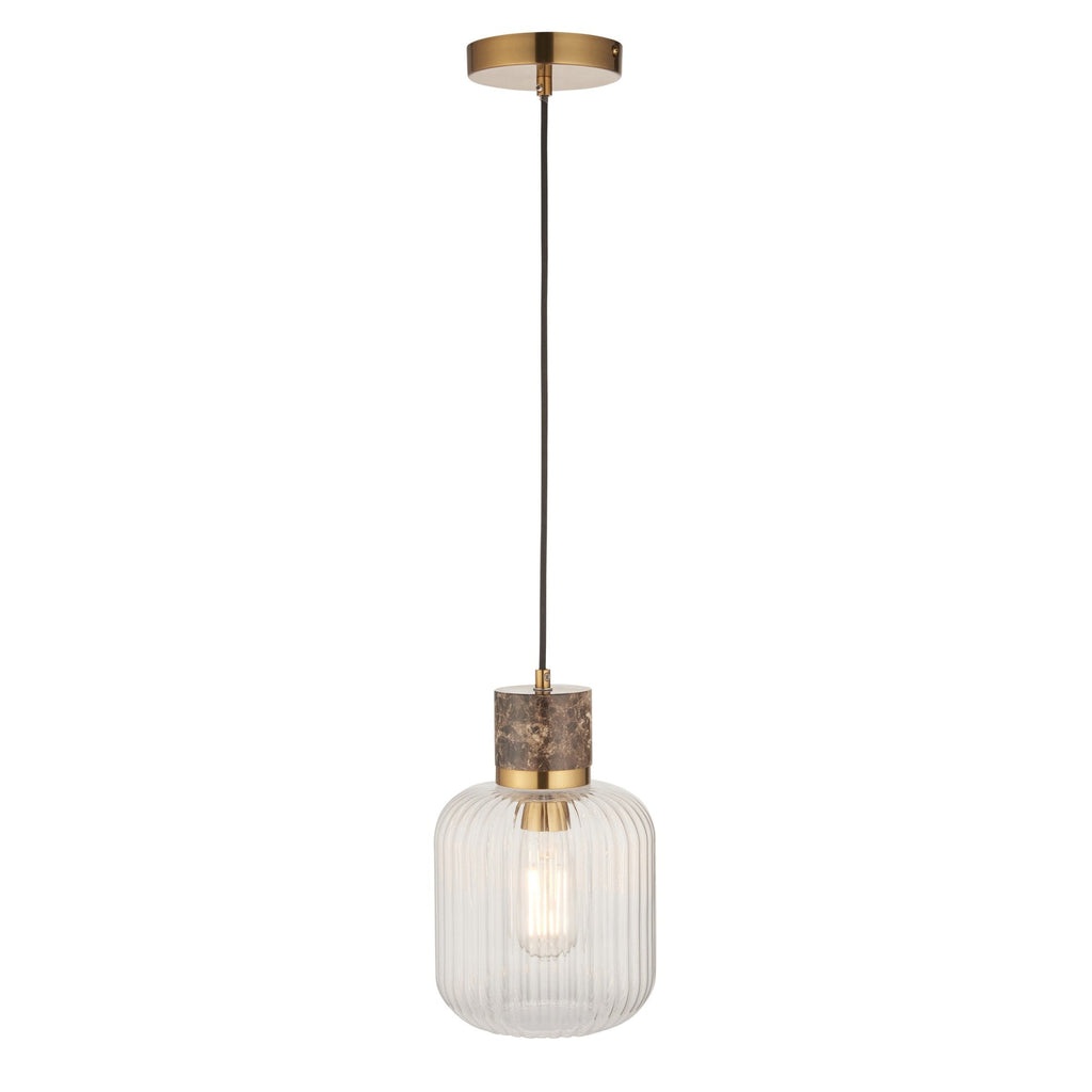 120665 Travi Ribbed Pendant Dark Brown Emperador Marble, Vintage Brass & Clear Ribbed Glass