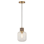 120665 Travi Ribbed Pendant Dark Brown Emperador Marble, Vintage Brass & Clear Ribbed Glass