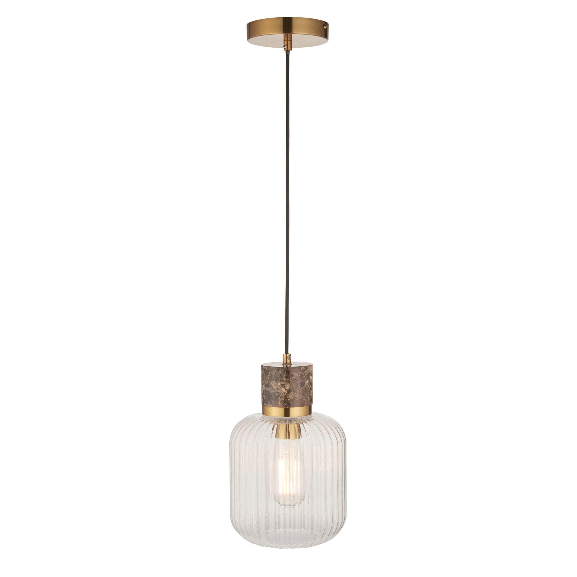 120665 Travi Ribbed Pendant Dark Brown Emperador Marble, Vintage Brass & Clear Ribbed Glass