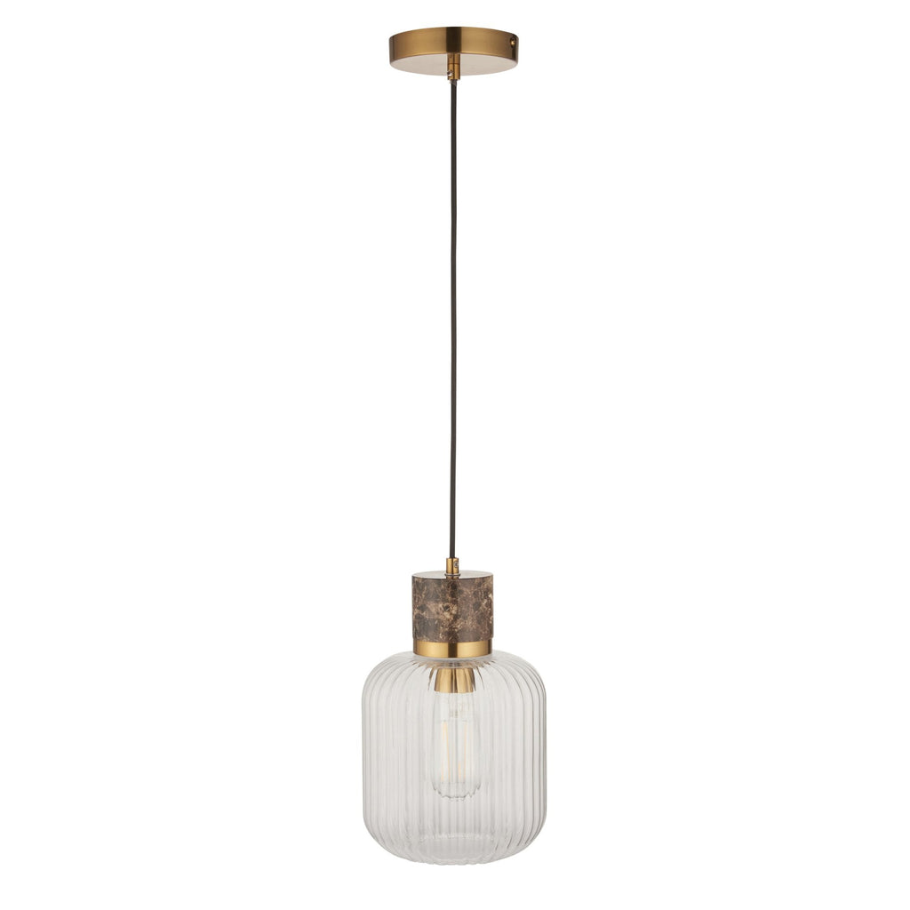 120665 Travi Ribbed Pendant Dark Brown Emperador Marble, Vintage Brass & Clear Ribbed Glass