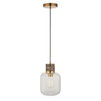 120665 Travi Ribbed Pendant Dark Brown Emperador Marble, Vintage Brass & Clear Ribbed Glass