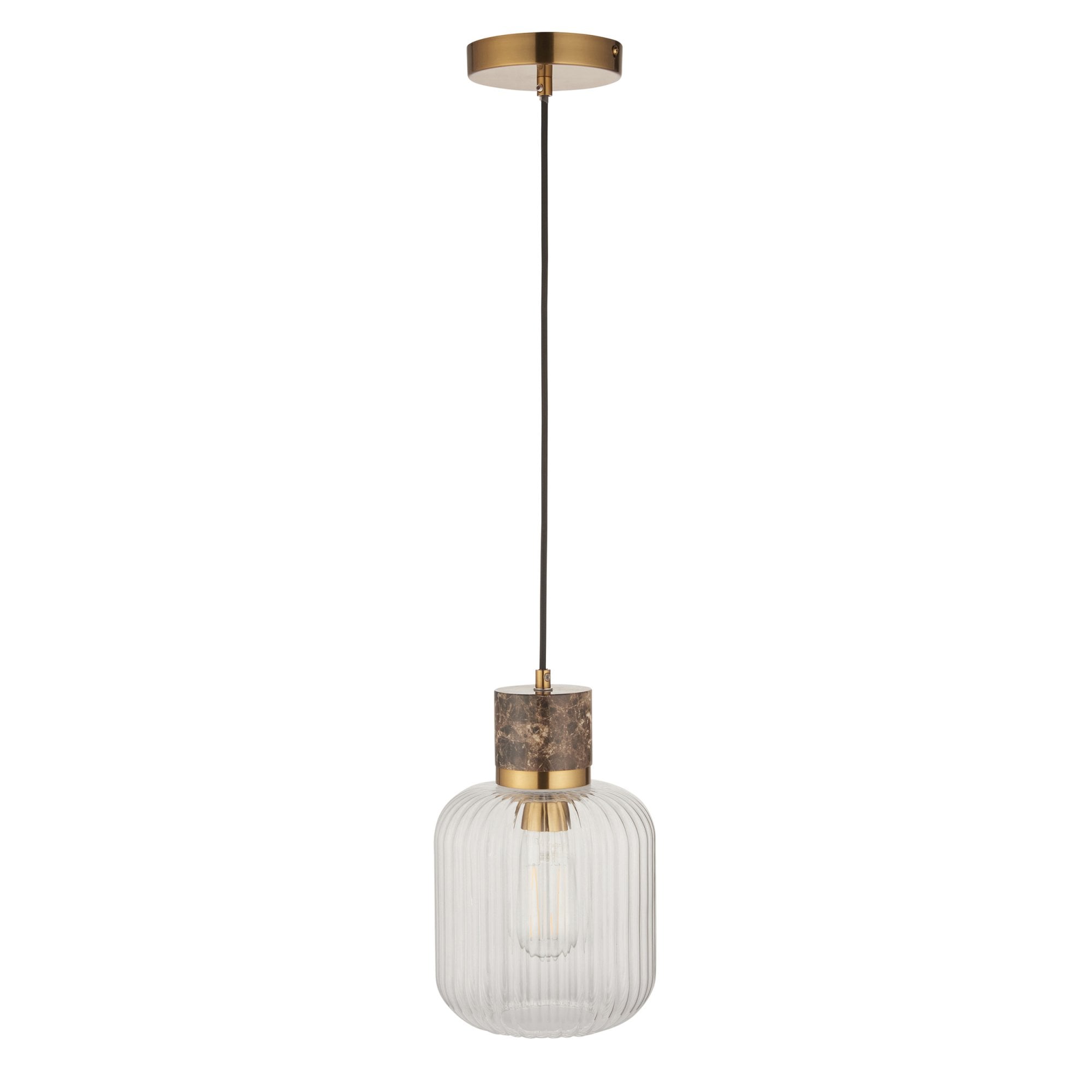 120665 Travi Ribbed Pendant Dark Brown Emperador Marble, Vintage Brass & Clear Ribbed Glass