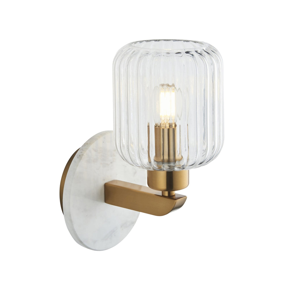 120666 Travi Ribbed Wall Light White Volakas Marble, Vintage Brass & Clear Ribbed Glass