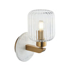 120666 Travi Ribbed Wall Light White Volakas Marble, Vintage Brass & Clear Ribbed Glass