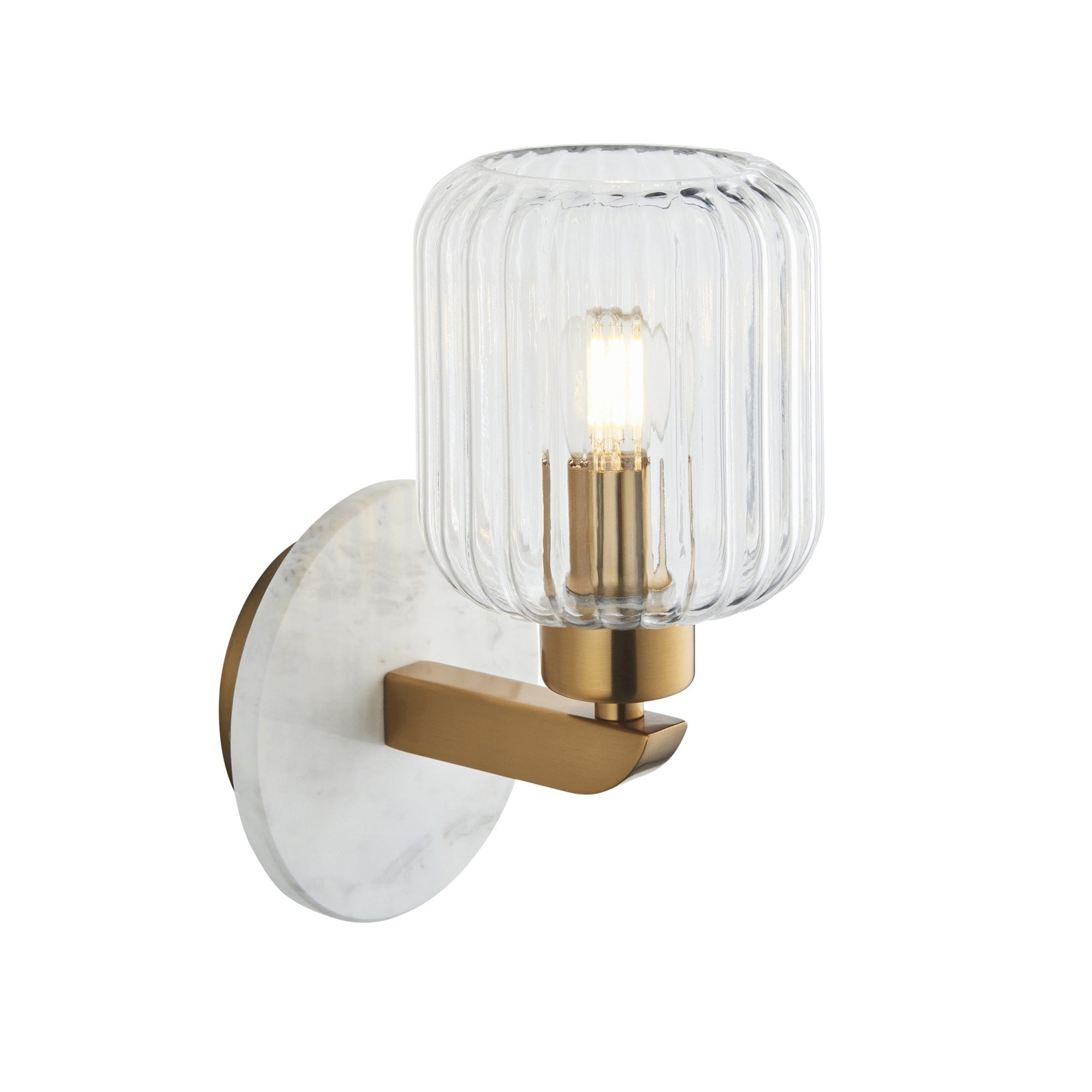 120666 Travi Ribbed Wall Light White Volakas Marble, Vintage Brass & Clear Ribbed Glass