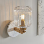 120666 Travi Ribbed Wall Light White Volakas Marble, Vintage Brass & Clear Ribbed Glass