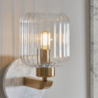 120666 Travi Ribbed Wall Light White Volakas Marble, Vintage Brass & Clear Ribbed Glass