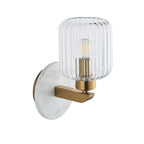 120666 Travi Ribbed Wall Light White Volakas Marble, Vintage Brass & Clear Ribbed Glass