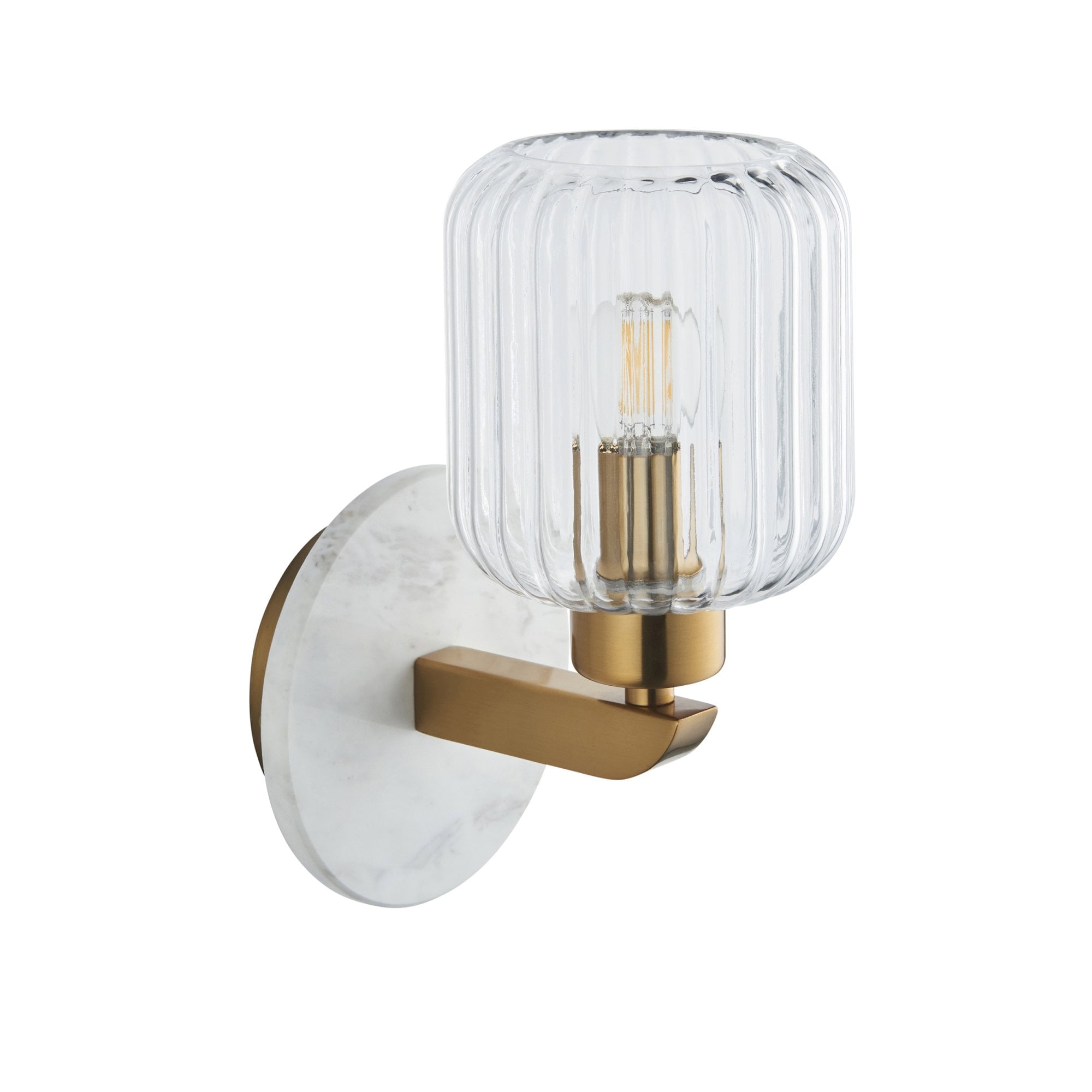 120666 Travi Ribbed Wall Light White Volakas Marble, Vintage Brass & Clear Ribbed Glass