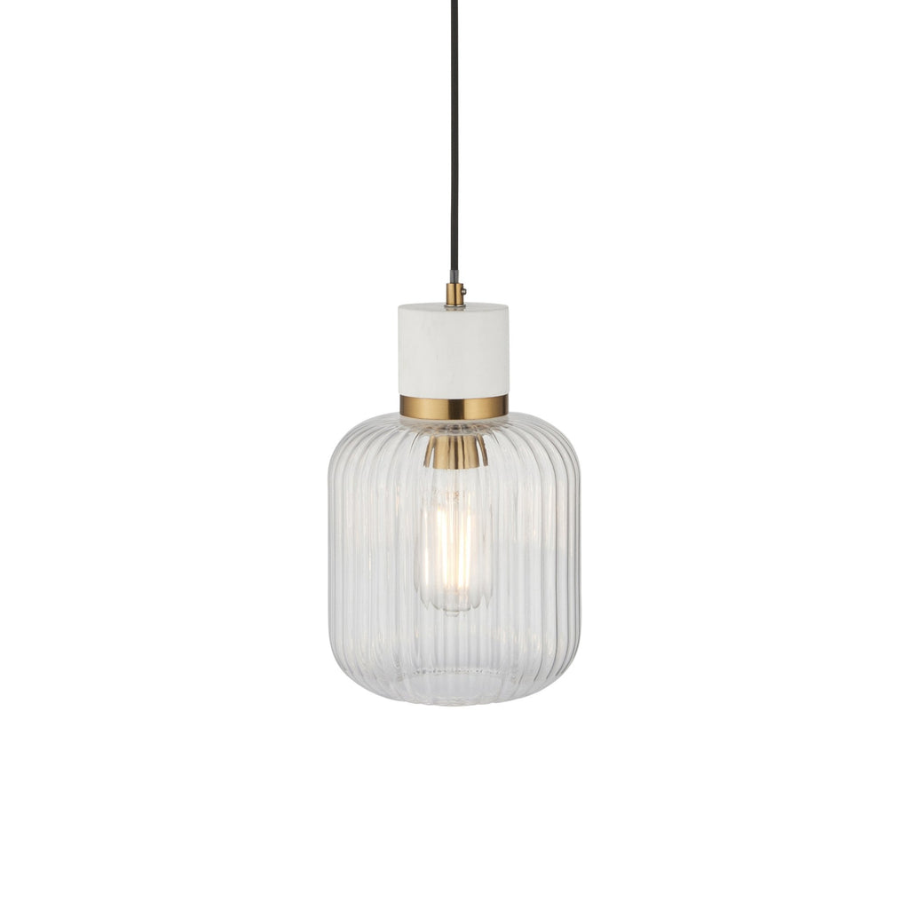 120667 Travi Ribbed Pendant White Volakas Marble, Vintage Brass & Clear Ribbed Glass