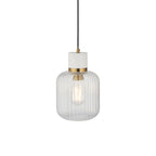 120667 Travi Ribbed Pendant White Volakas Marble, Vintage Brass & Clear Ribbed Glass