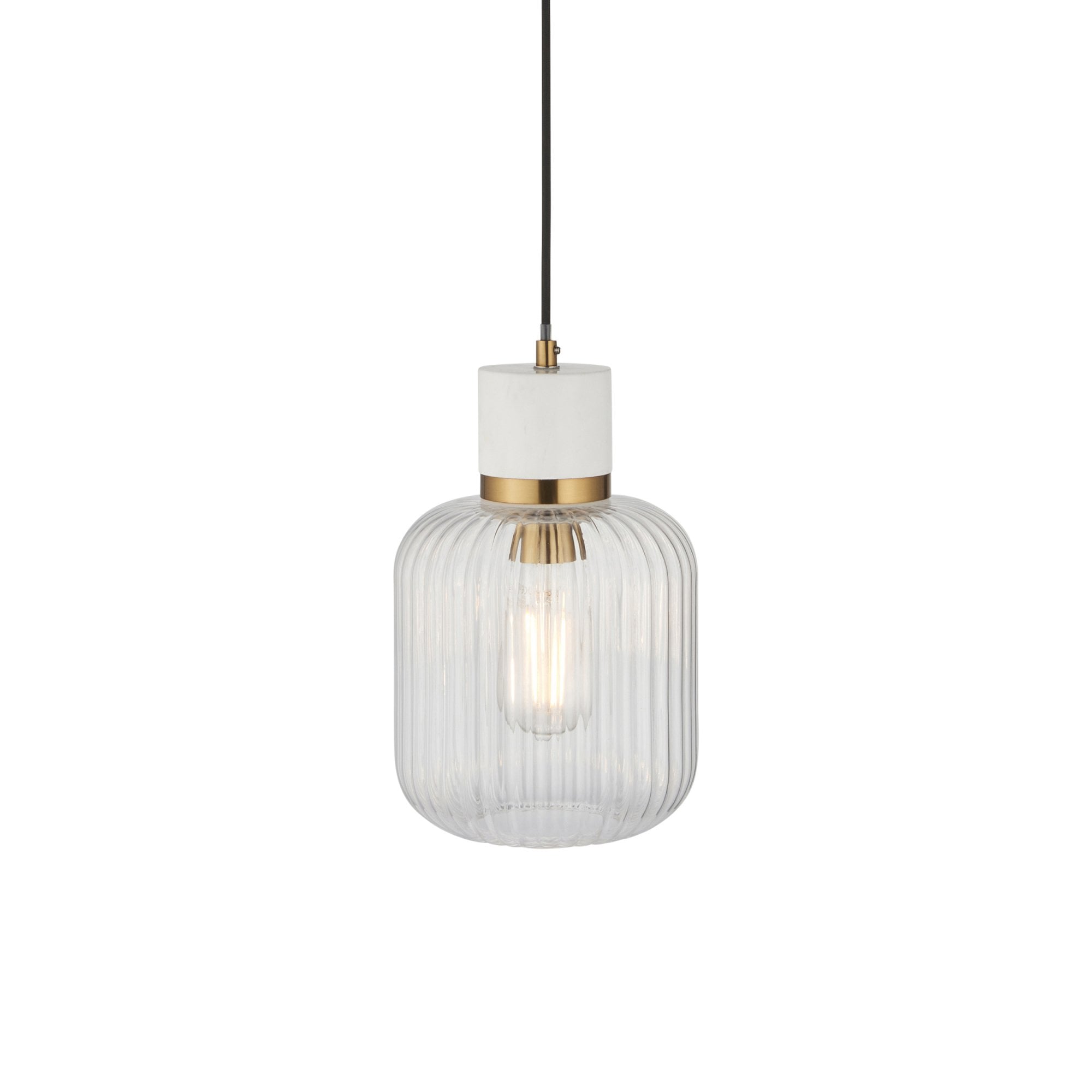 120667 Travi Ribbed Pendant White Volakas Marble, Vintage Brass & Clear Ribbed Glass