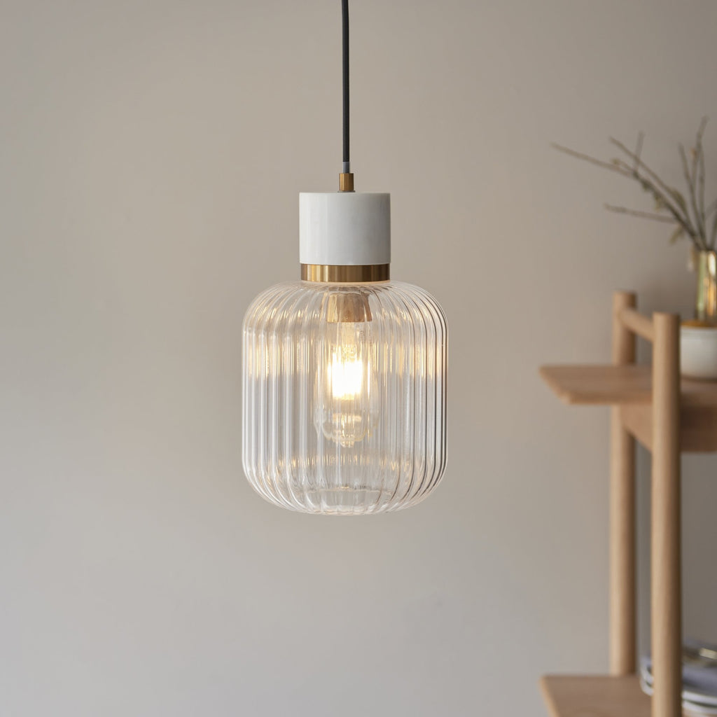 120667 Travi Ribbed Pendant White Volakas Marble, Vintage Brass & Clear Ribbed Glass