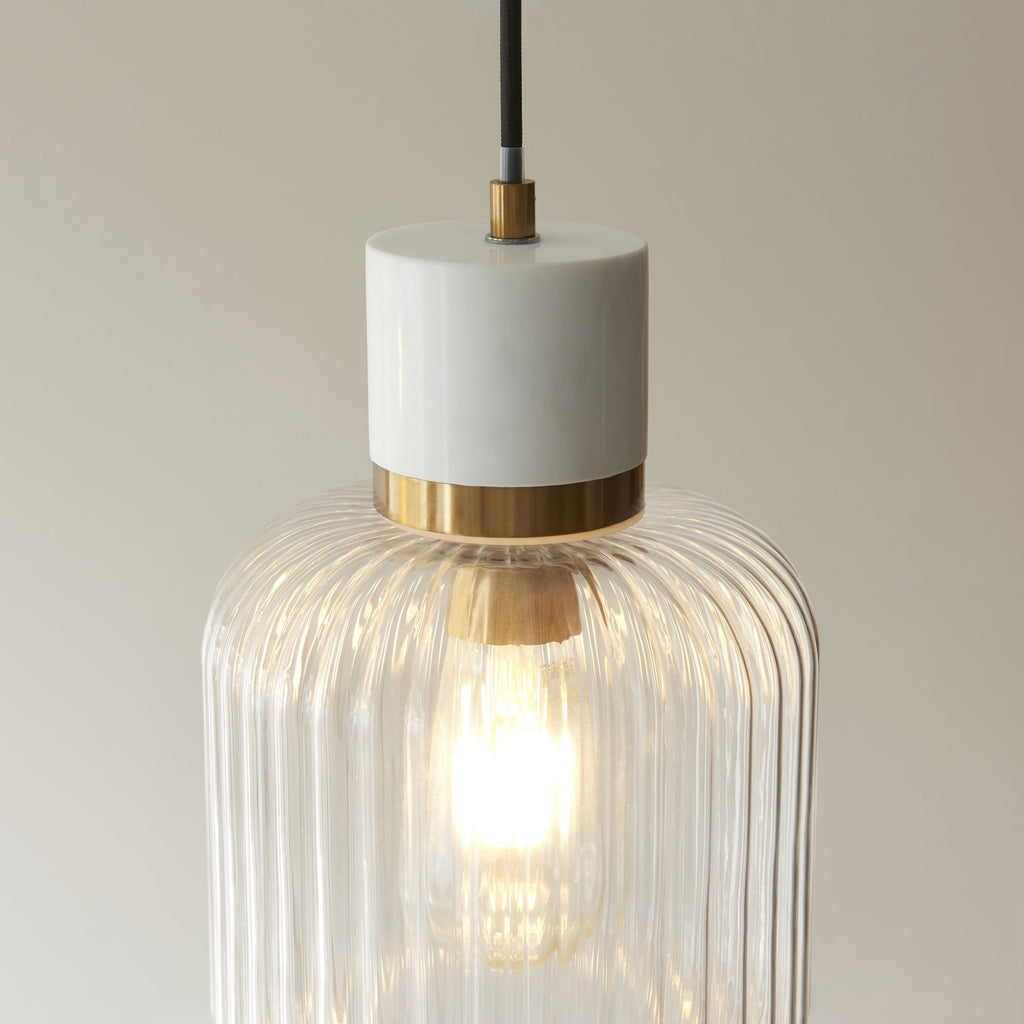 120667 Travi Ribbed Pendant White Volakas Marble, Vintage Brass & Clear Ribbed Glass