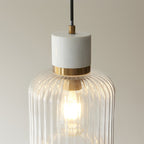 120667 Travi Ribbed Pendant White Volakas Marble, Vintage Brass & Clear Ribbed Glass