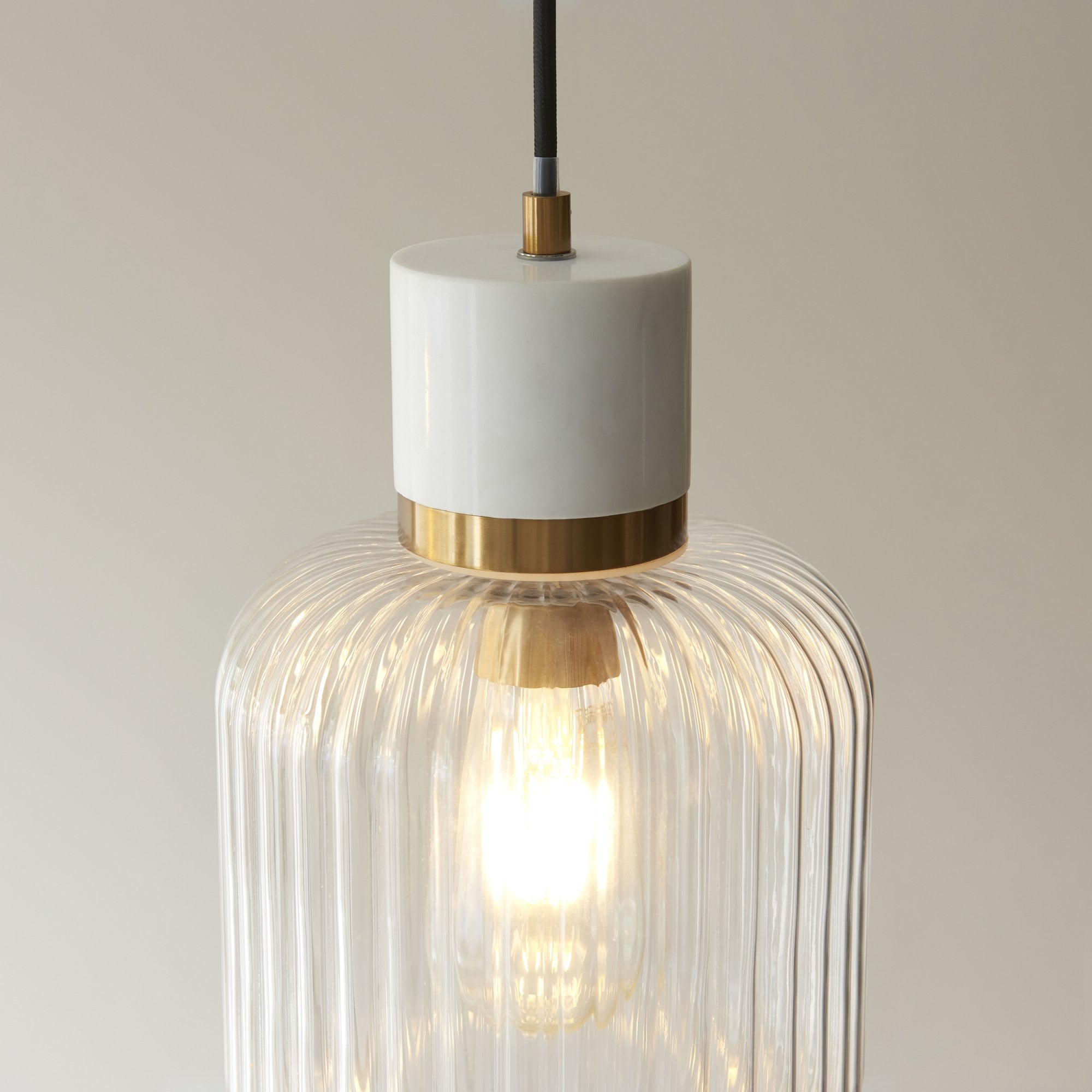 120667 Travi Ribbed Pendant White Volakas Marble, Vintage Brass & Clear Ribbed Glass