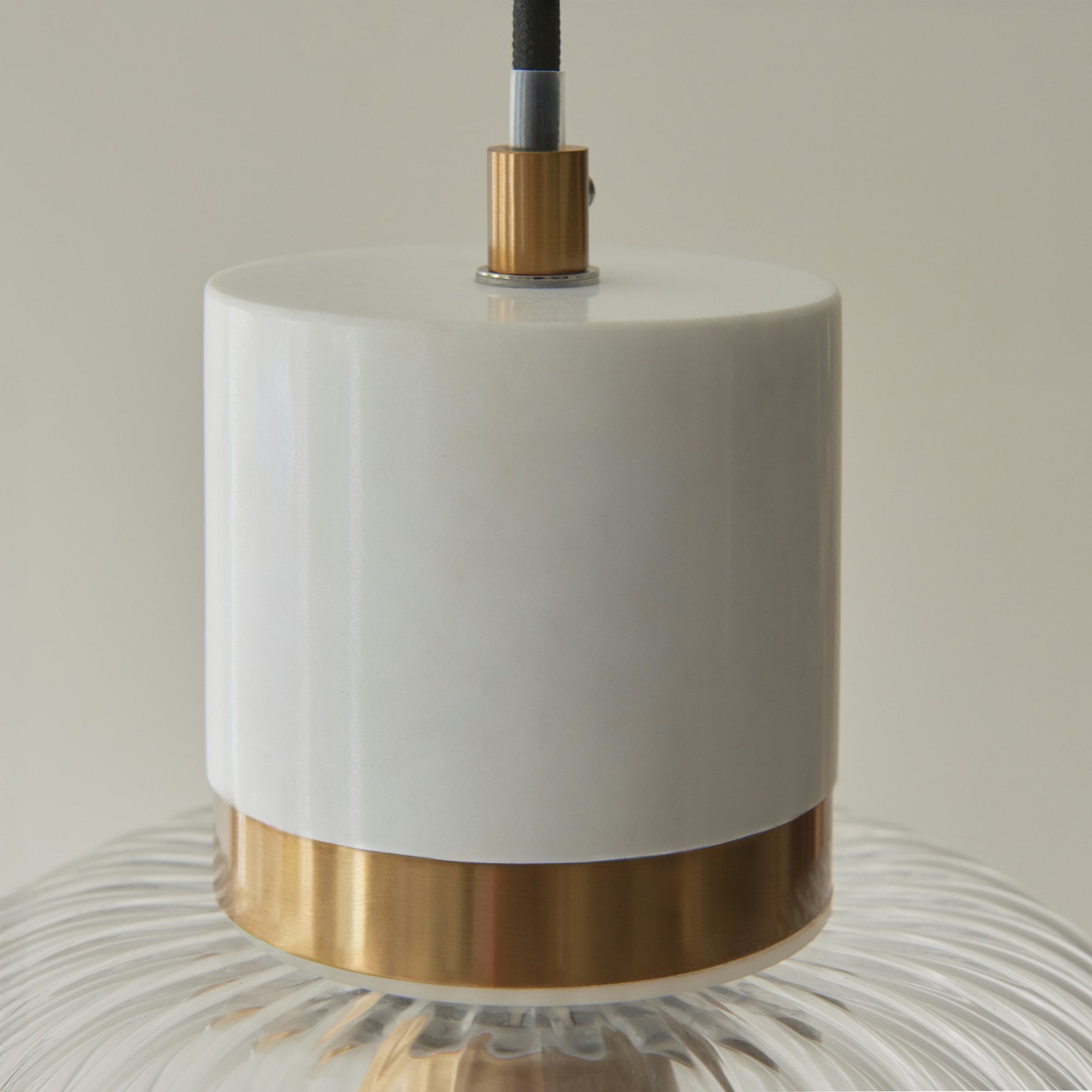 120667 Travi Ribbed Pendant White Volakas Marble, Vintage Brass & Clear Ribbed Glass