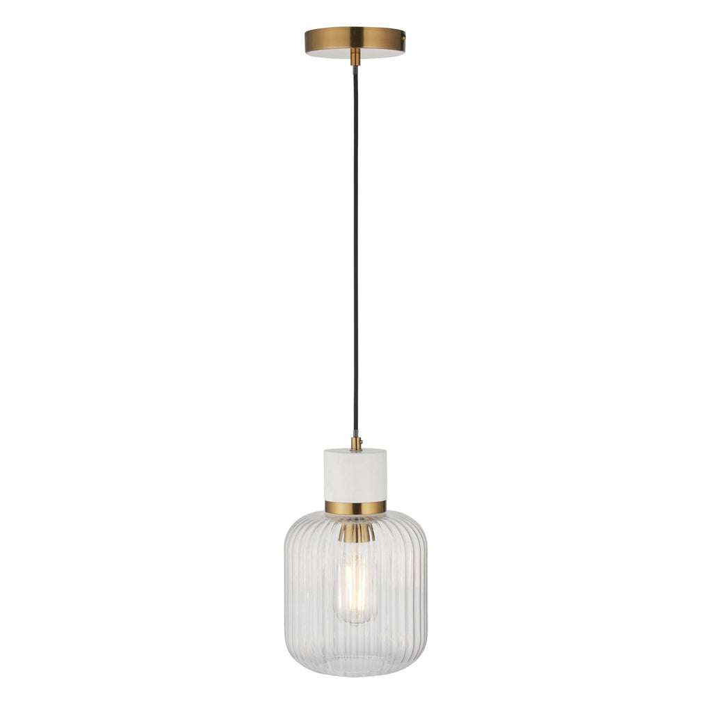 120667 Travi Ribbed Pendant White Volakas Marble, Vintage Brass & Clear Ribbed Glass