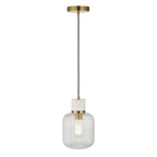 120667 Travi Ribbed Pendant White Volakas Marble, Vintage Brass & Clear Ribbed Glass